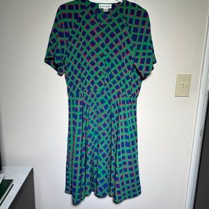 Hana Sung Vibrant Vintage Green Blue Pink Geometric Patterned Funky Midi Dress